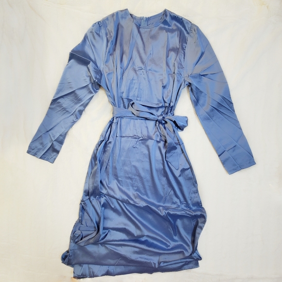 Satin Cloudy Blue Dress Long Sleeve Detachable Belt Size M L - Picture 3 of 6